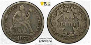 image for: 1874-CC Liberty Seated Dime. Arrows. Fortin-101. Rarity-5+. VF-20 (PCGS). CAC. CMQ.