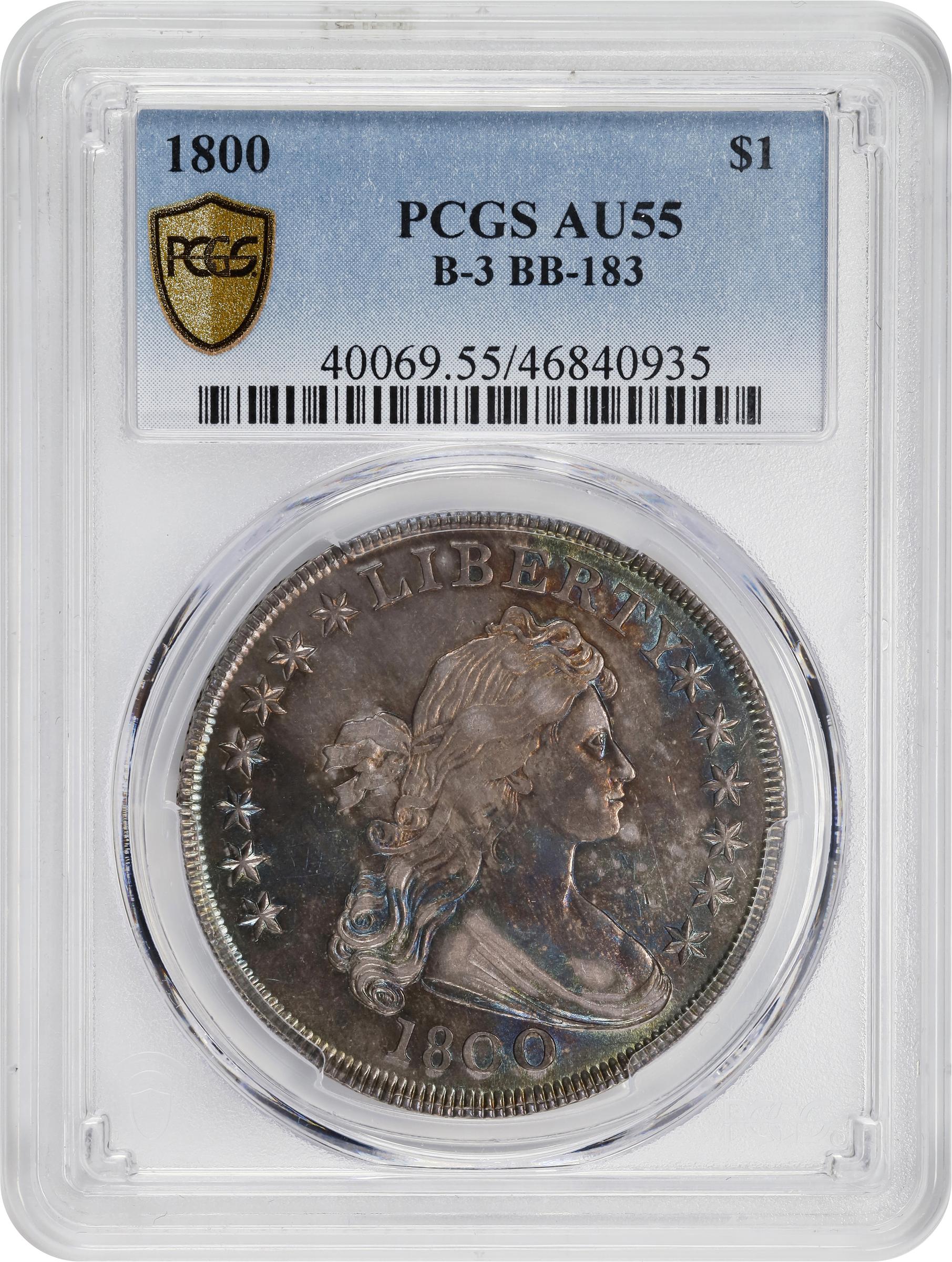image for: 1800 Draped Bust Silver Dollar. BB-183, B-3. Rarity-5. AU-55 (PCGS).