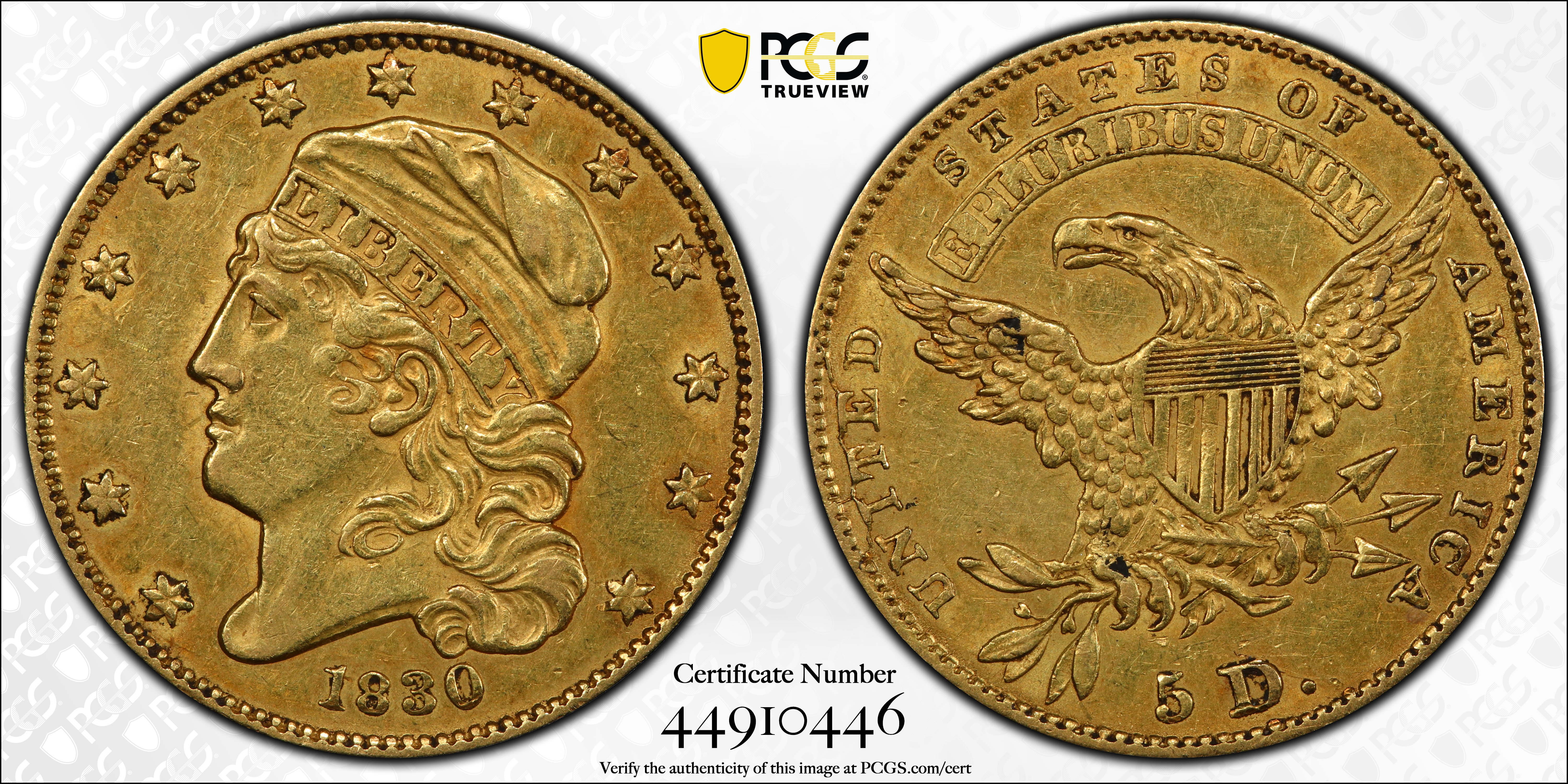 image for: 1830 Capped Head Left Half Eagle. BD-1. Rarity-6. Large D. AU-50+ (PCGS). CAC. CMQ.
