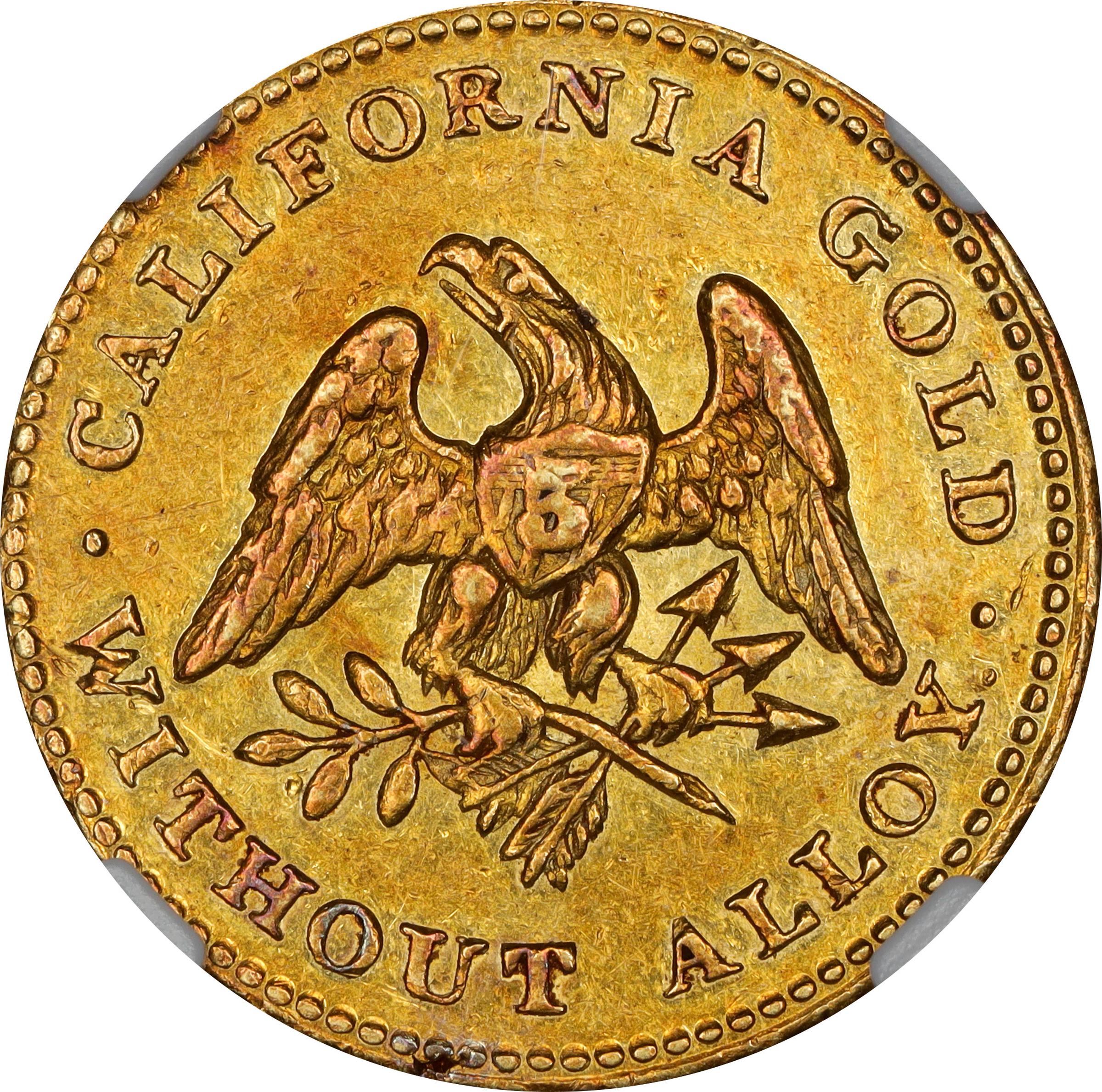 image for: 1849 Norris, Gregg & Norris $5. K-4. Rarity-5-. Period After ALLOY. Reeded Edge. AU-58 (NGC). CAC.