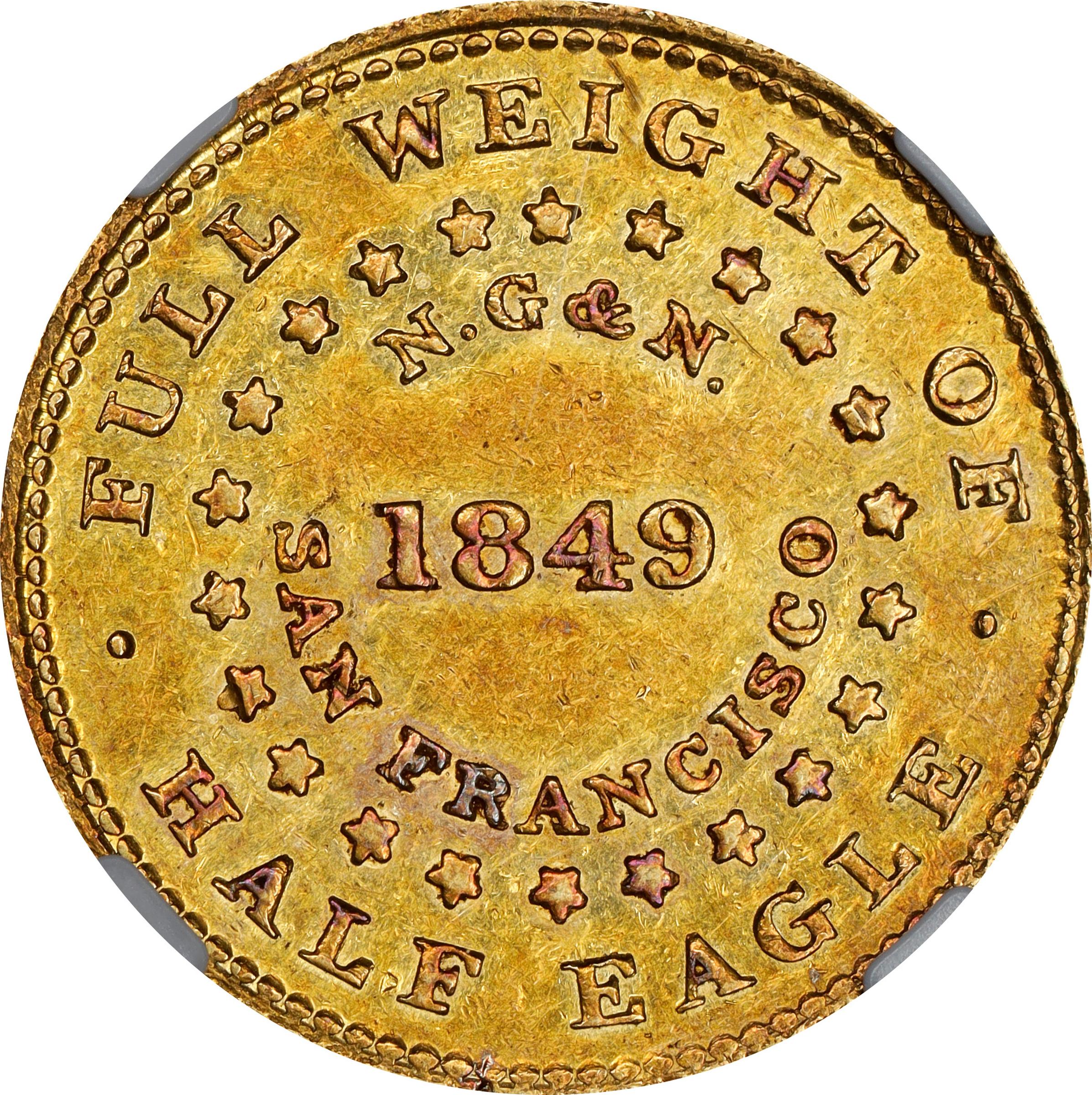 image for: 1849 Norris, Gregg & Norris $5. K-4. Rarity-5-. Period After ALLOY. Reeded Edge. AU-58 (NGC). CAC.
