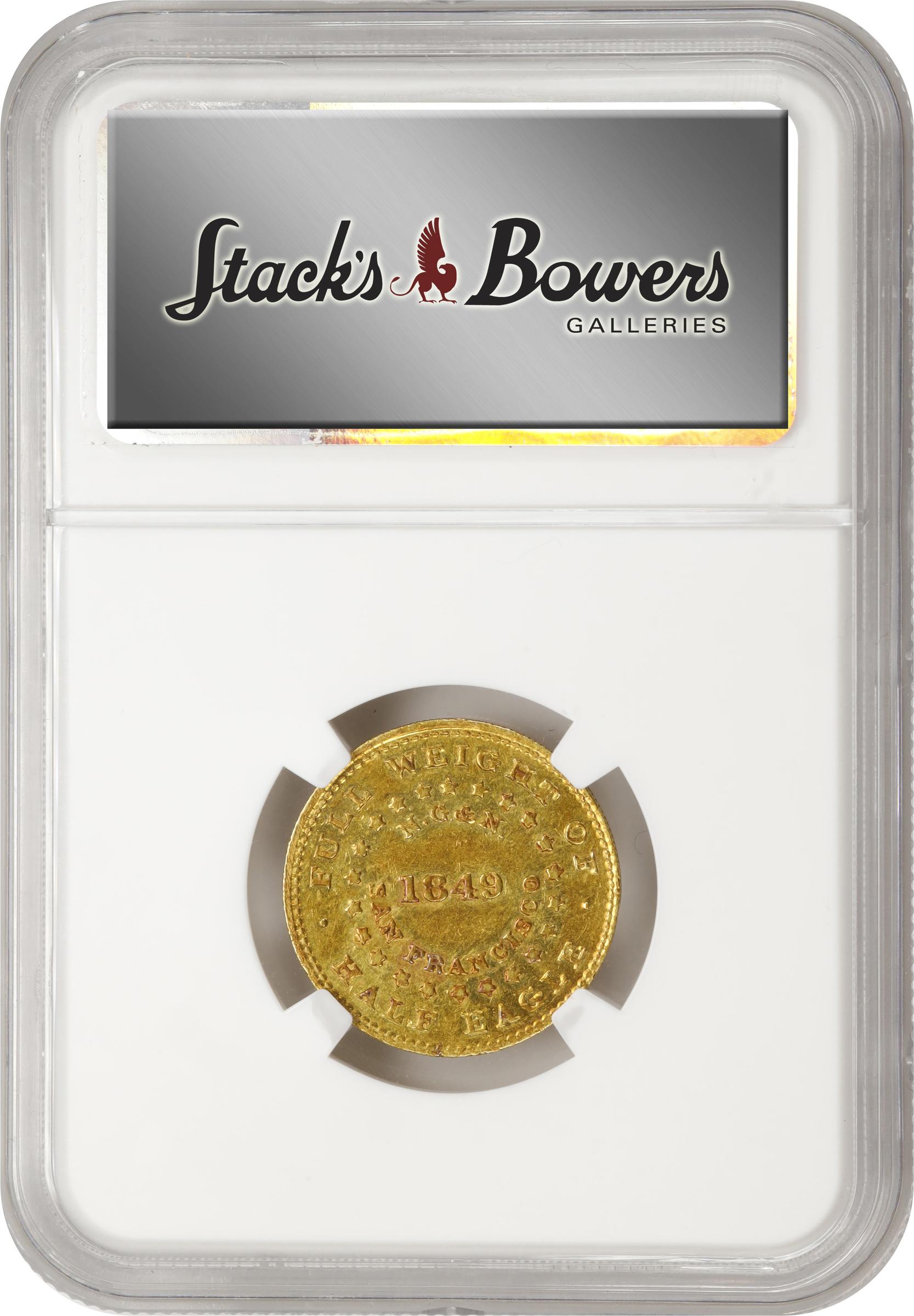 image for: 1849 Norris, Gregg & Norris $5. K-4. Rarity-5-. Period After ALLOY. Reeded Edge. AU-58 (NGC). CAC.
