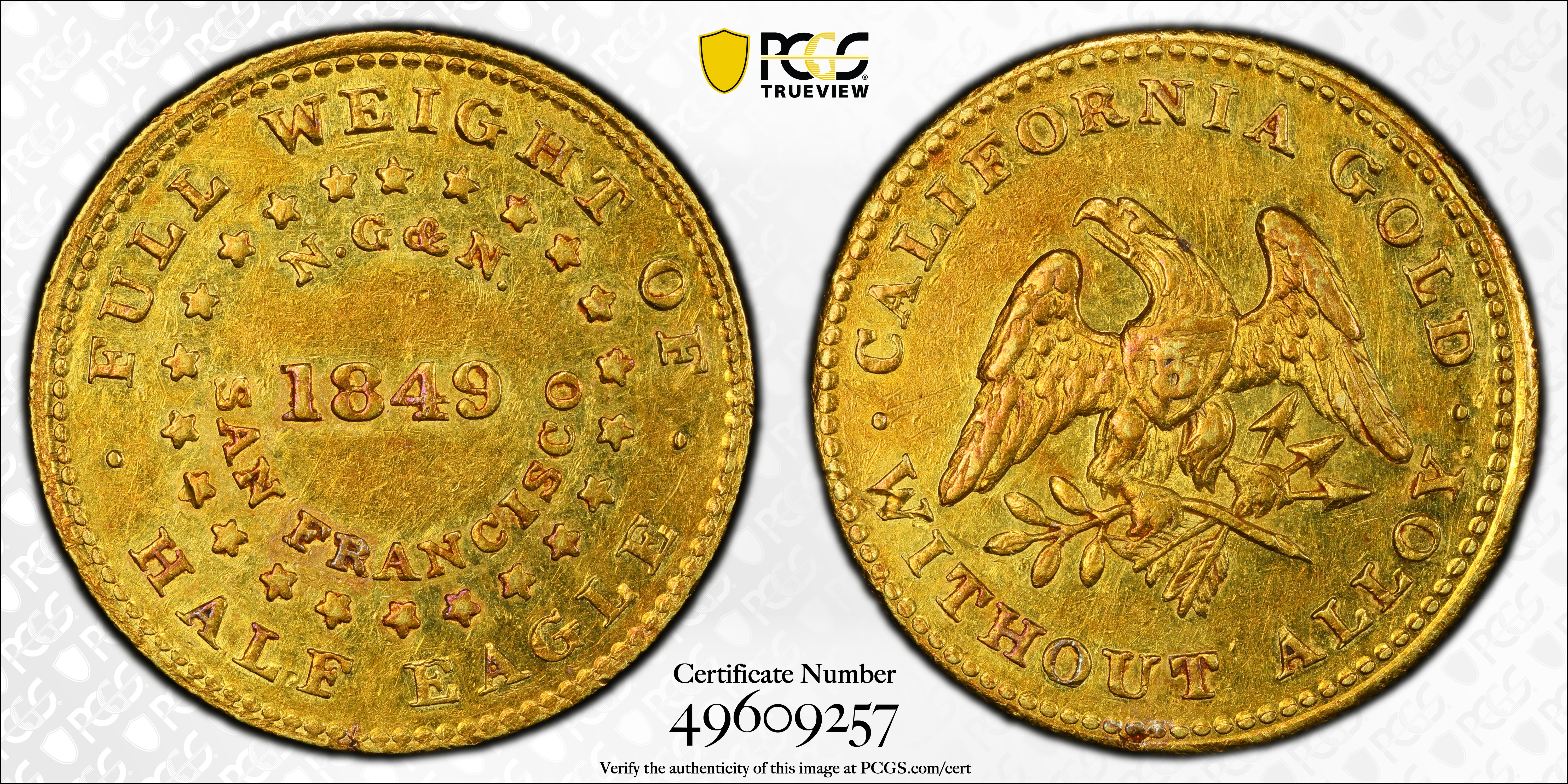 image for: 1849 Norris, Gregg & Norris $5. K-4. Rarity-5-. Period After ALLOY. Reeded Edge. AU-58 (NGC). CAC.