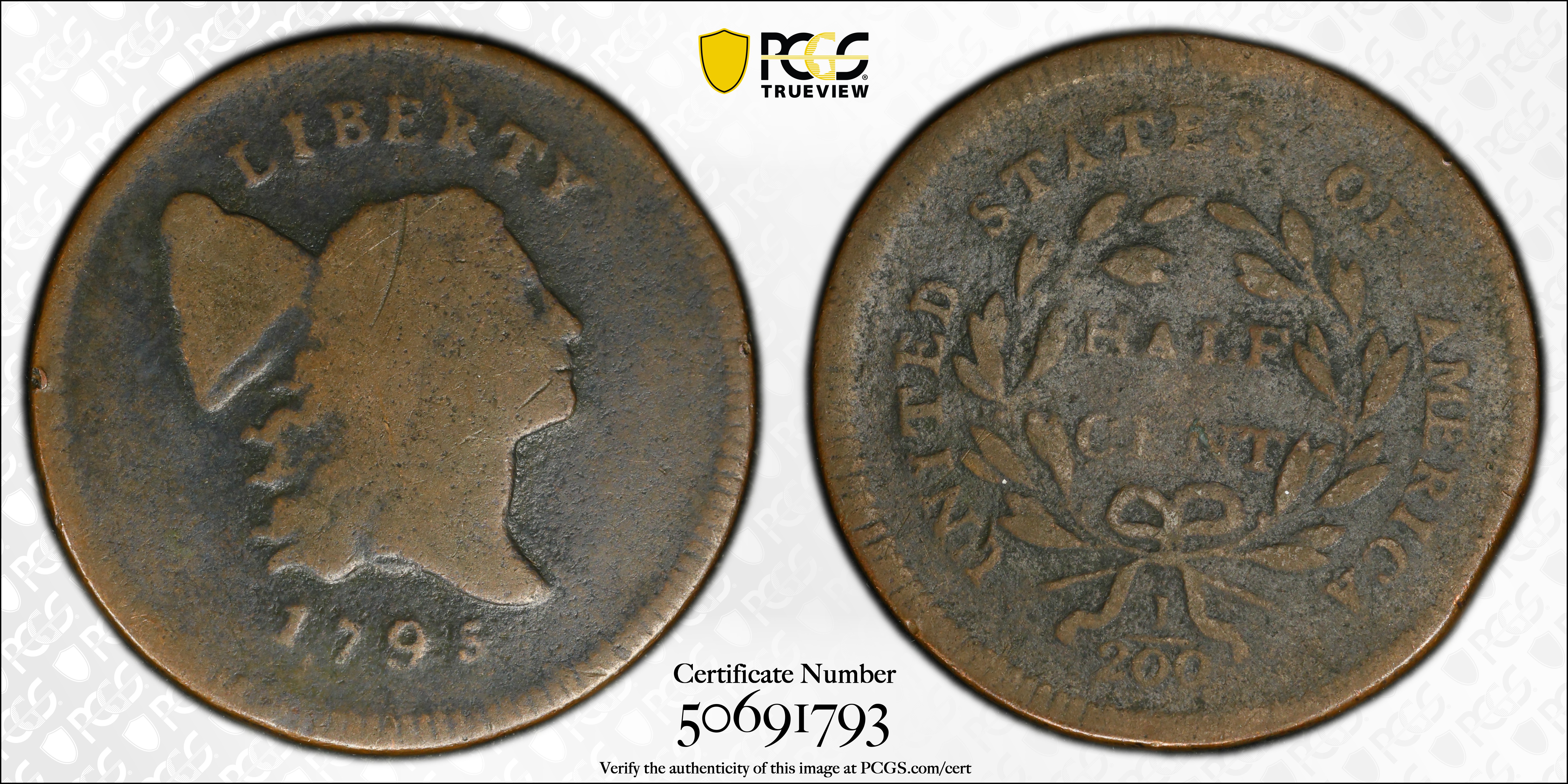image for: 1795 Liberty Cap Half Cent. C-3. Rarity-5+. Plain Edge, Punctuated Date. Good-4 (PCGS).