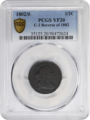 image for: 1802/0 Draped Bust Half Cent. C-2. Rarity-3. Second Reverse (a.k.a. Reverse of 1802). VF-20 (PCGS).