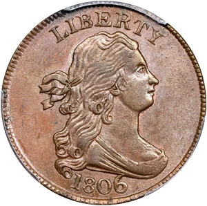 image for: 1806 Draped Bust Half Cent. C-4. Rarity-1. Large 6, Stems to Wreath. AU-58 (PCGS). CAC.