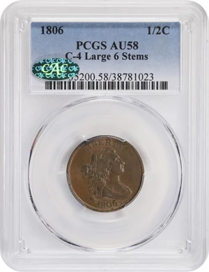 image for: 1806 Draped Bust Half Cent. C-4. Rarity-1. Large 6, Stems to Wreath. AU-58 (PCGS). CAC.