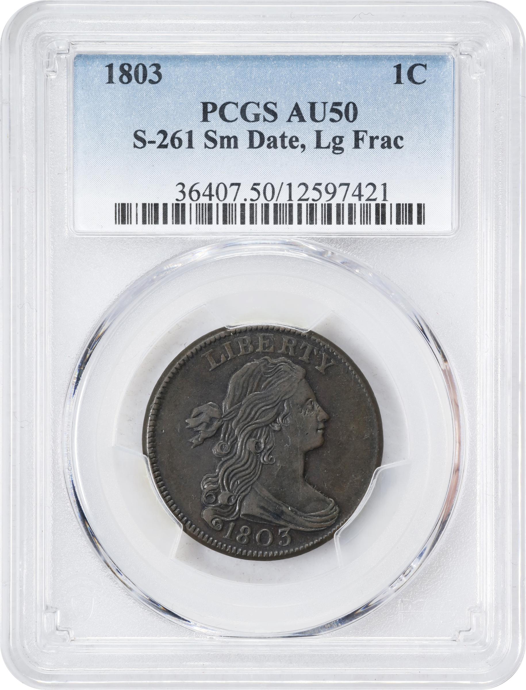 image for: 1803 Draped Bust Cent. S-261, B-20. Rarity-2. Small Date, Large Fraction. AU-50 (PCGS).