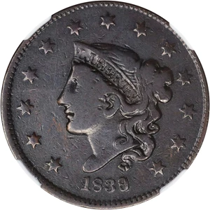 image for: 1839/6 Modified Matron Head Cent. N-1. Rarity-3. Plain Cords. VF-20 BN (NGC).