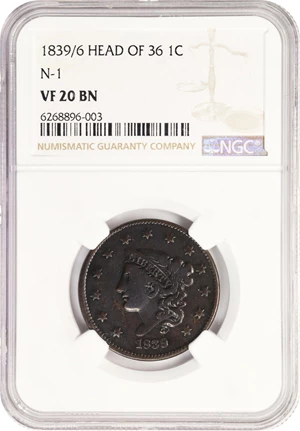 image for: 1839/6 Modified Matron Head Cent. N-1. Rarity-3. Plain Cords. VF-20 BN (NGC).