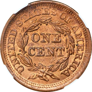 image for: 1856 Braided Hair Cent. N-1. Rarity-1. Slanting 5. MS-65+ RD (NGC).