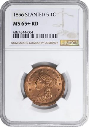 image for: 1856 Braided Hair Cent. N-1. Rarity-1. Slanting 5. MS-65+ RD (NGC).