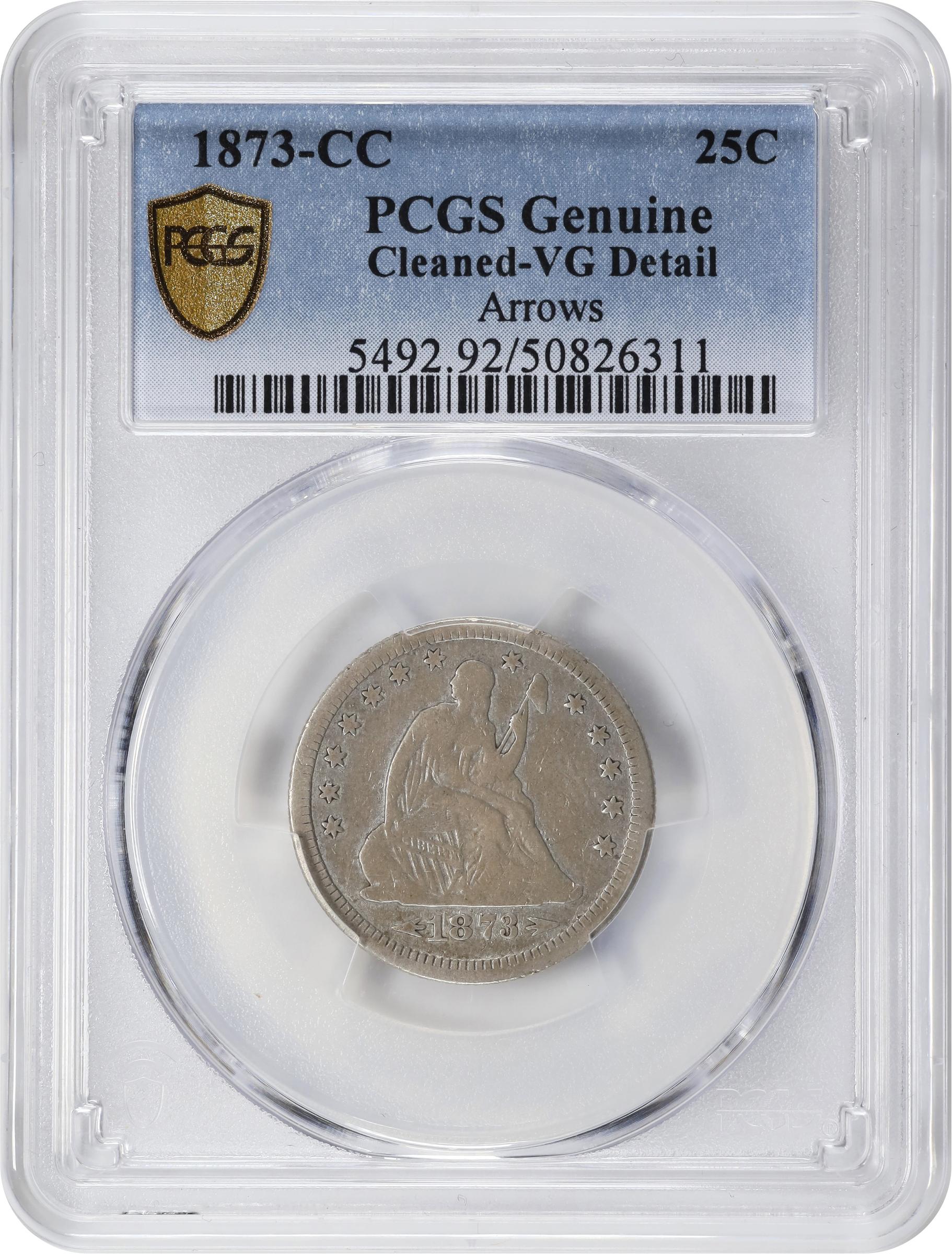 image for: 1873-CC Liberty Seated Quarter. Arrows. Briggs 1-A. VG Details--Cleaned (PCGS).