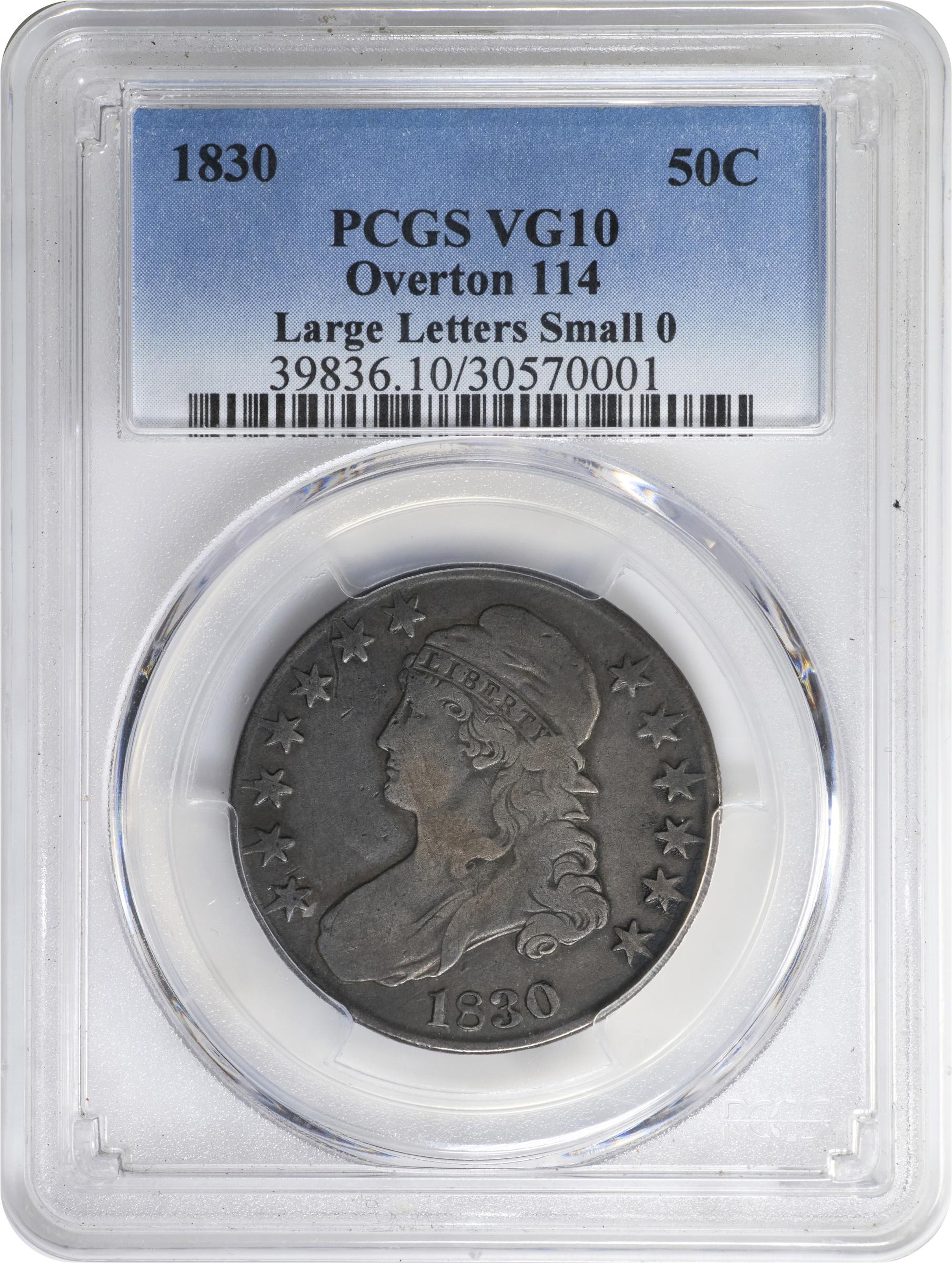 image for: 1830 Capped Bust Half Dollar. O-114. Rarity-5. Large Letters, Small 0. VG-10 (PCGS).