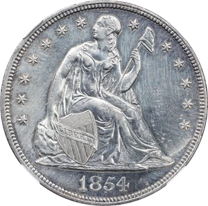 image for: 1854 Liberty Seated Silver Dollar. OC-1. Rarity-3+. Repunched Date. AU Details--Polished (NGC).