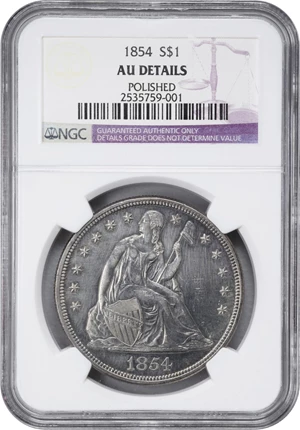 image for: 1854 Liberty Seated Silver Dollar. OC-1. Rarity-3+. Repunched Date. AU Details--Polished (NGC).
