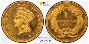 image for: 1884 Gold Dollar. Repunched Date. JD-1. Rarity-4. Proof-67+ Cameo (PCGS). CAC.