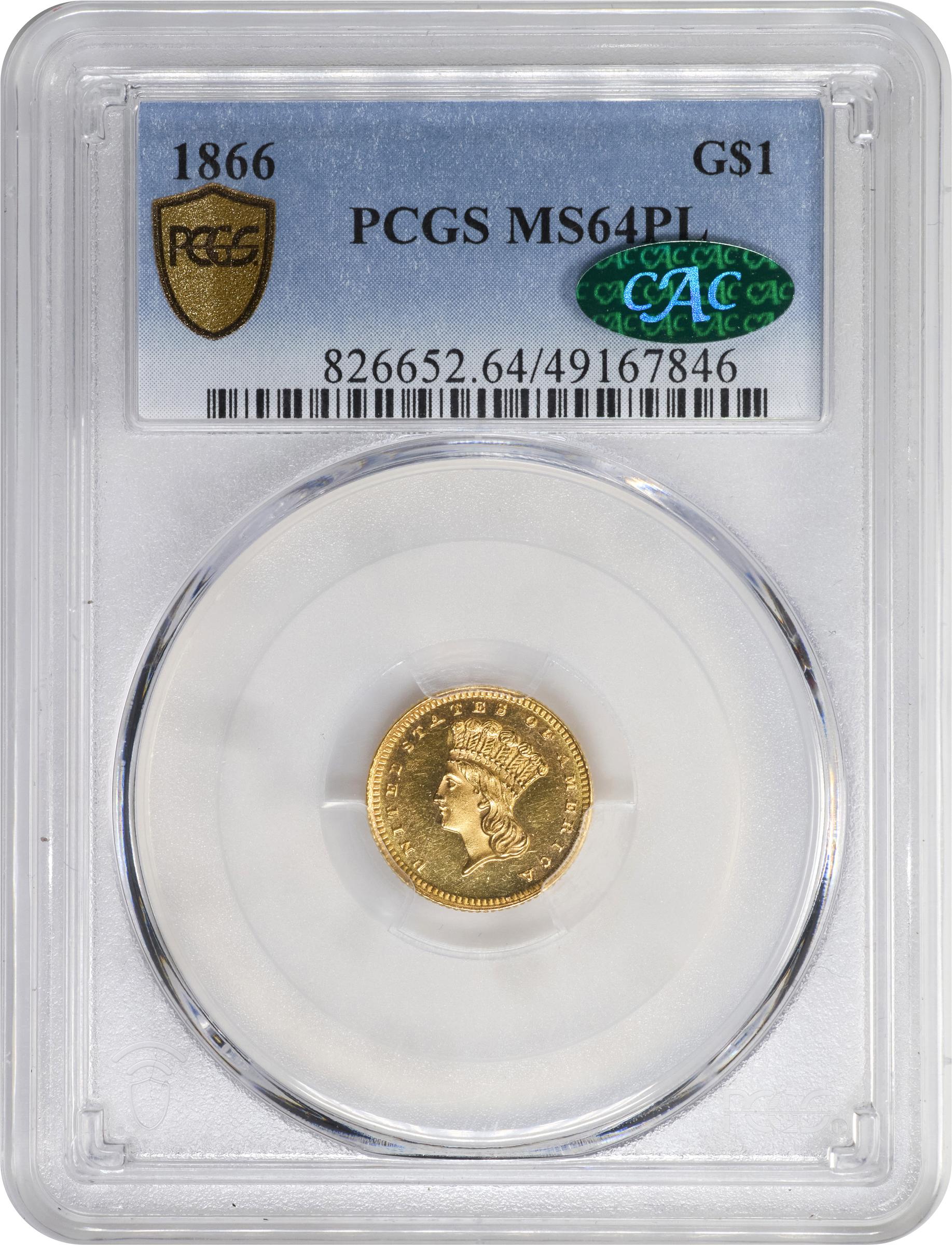 image for: 1866 Gold Dollar. MS-64 PL (PCGS). CAC.