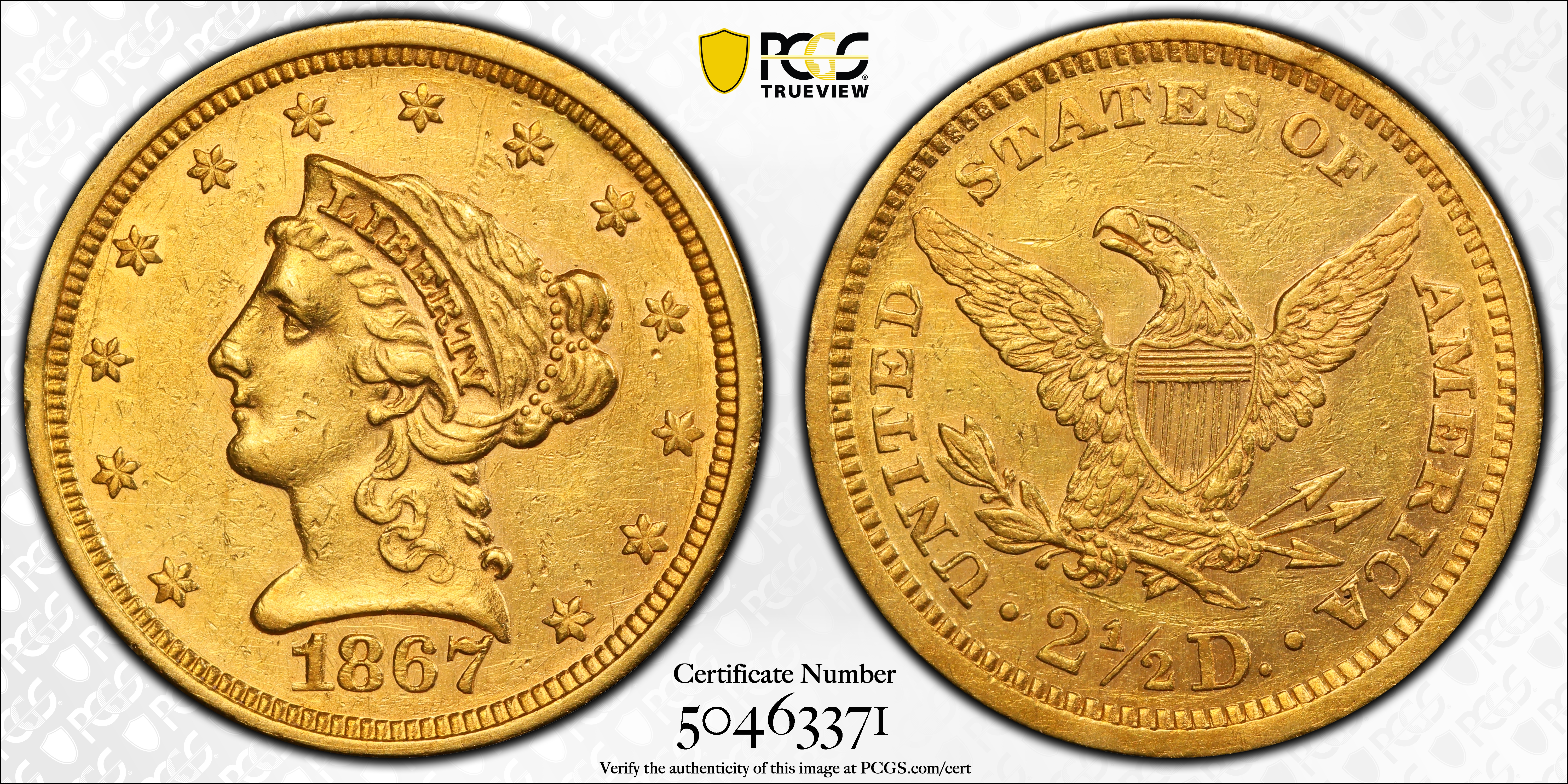 image for: 1867 Liberty Head Quarter Eagle. AU-58 (PCGS).