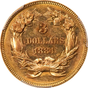 image for: 1884 Three-Dollar Gold Piece. AU-55 (PCGS). CAC. CMQ.