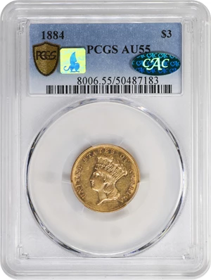 image for: 1884 Three-Dollar Gold Piece. AU-55 (PCGS). CAC. CMQ.