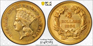 image for: 1884 Three-Dollar Gold Piece. AU-55 (PCGS). CAC. CMQ.