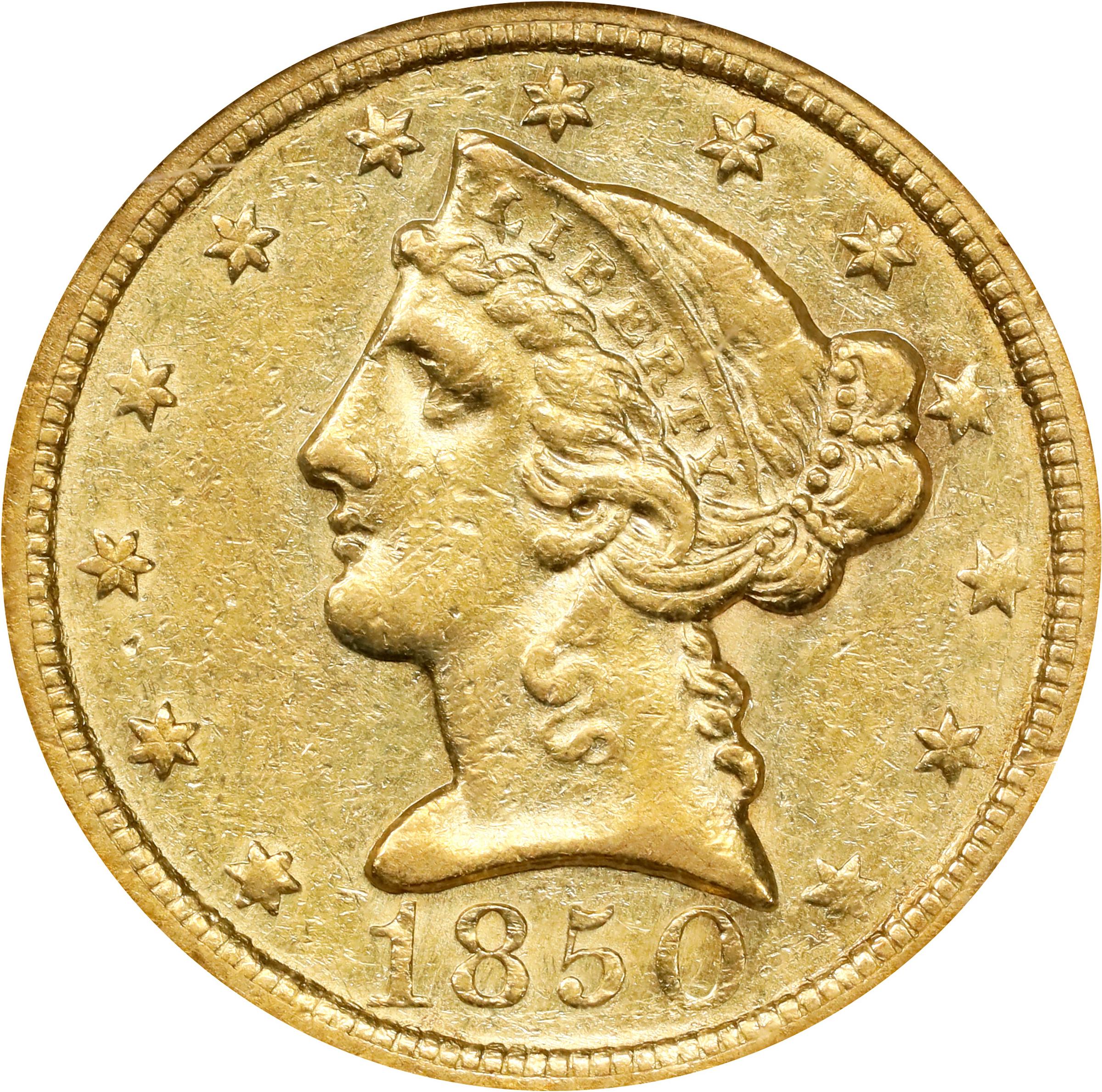 image for: 1850-C Liberty Head Half Eagle. Winter-4. Weak C. AU-50 (NGC).