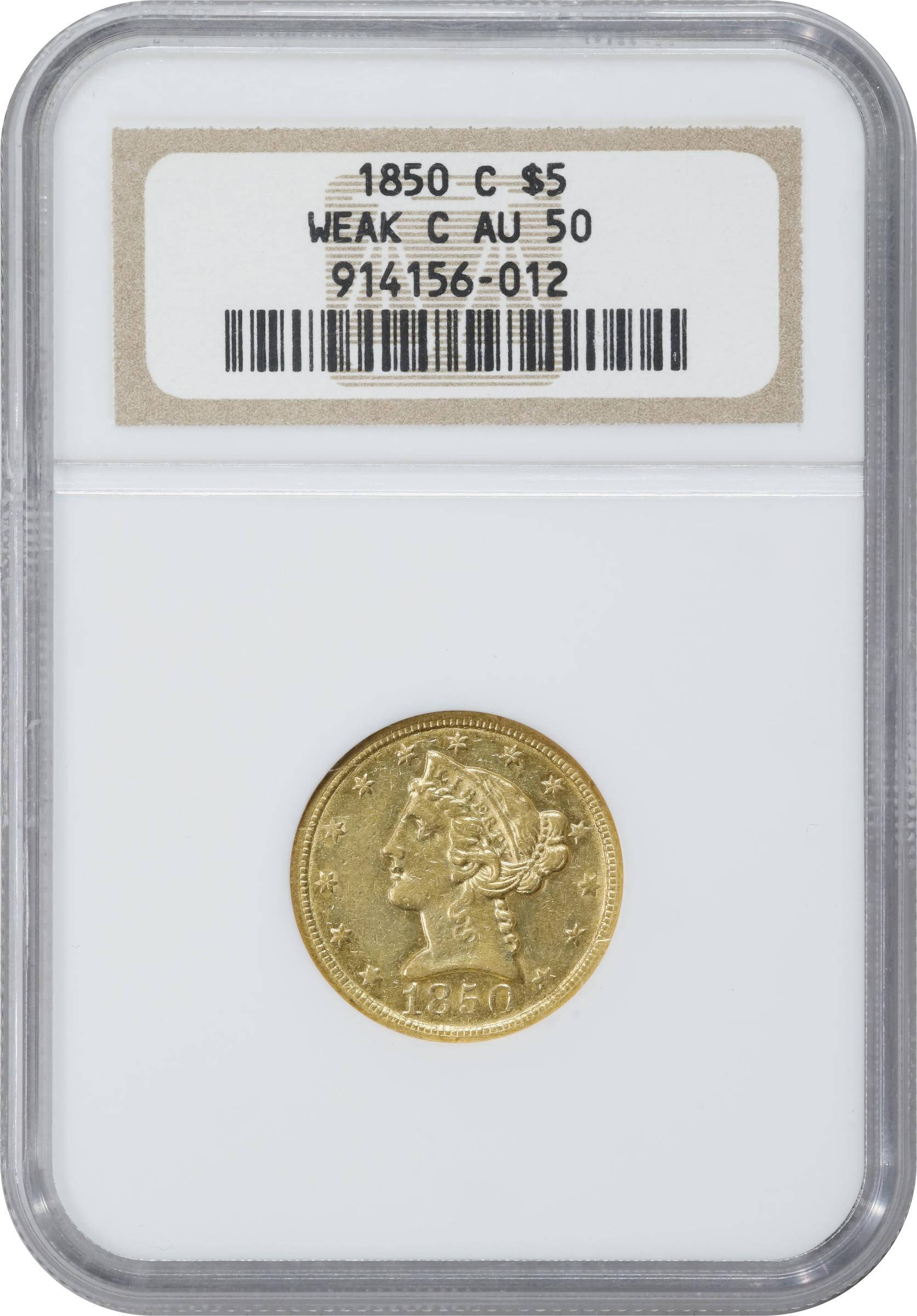 image for: 1850-C Liberty Head Half Eagle. Winter-4. Weak C. AU-50 (NGC).