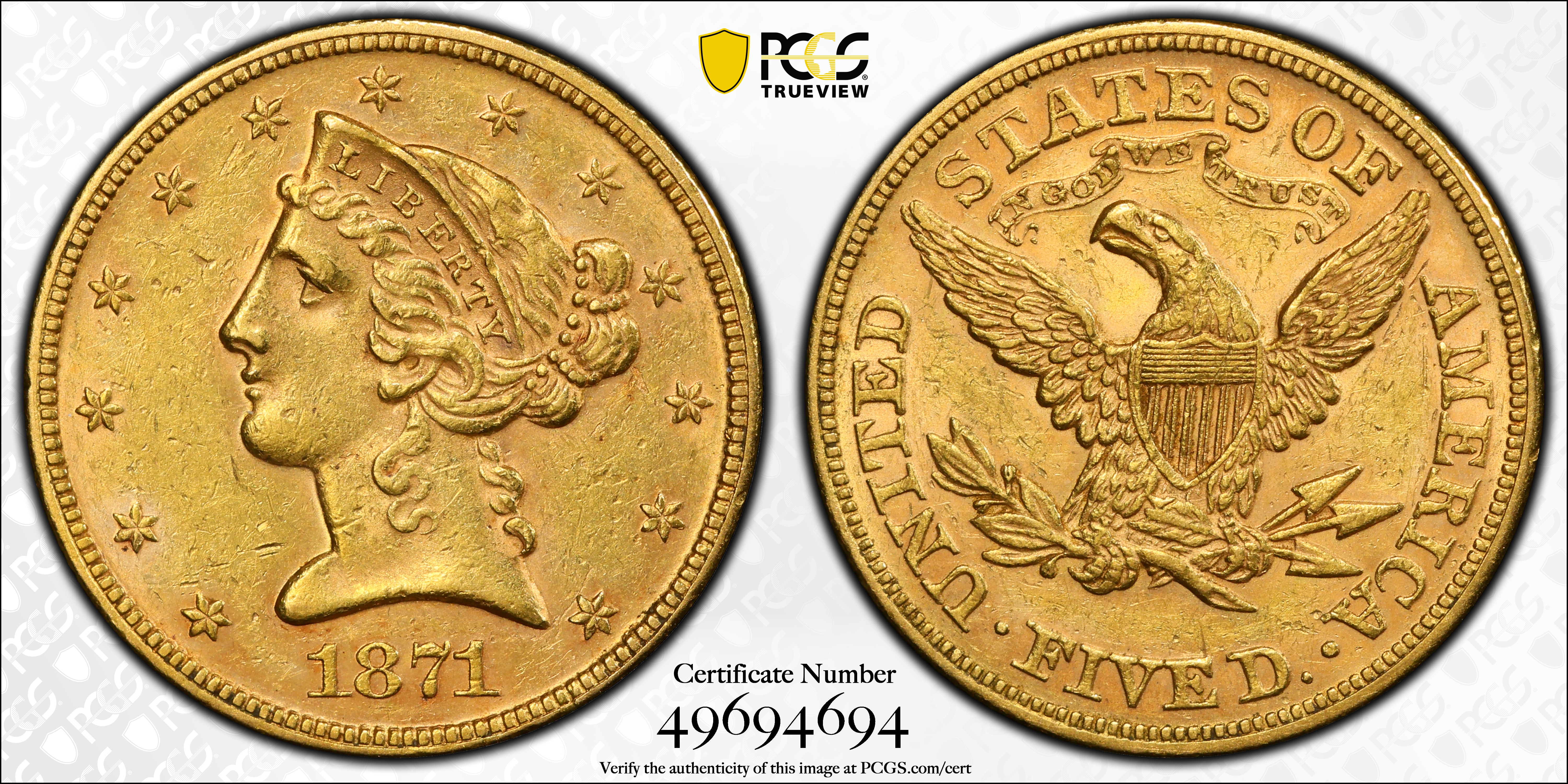 image for: 1871 Liberty Head Half Eagle. AU-58 (PCGS). CAC.