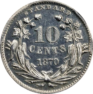 image for: 1870 Pattern Dime. Judd-843, Pollock-942. Rarity-6-. Silver. Reeded Edge. Proof-62 (PCGS).