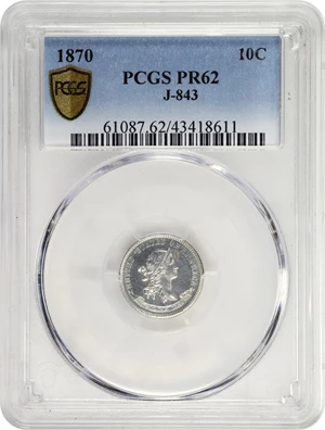 image for: 1870 Pattern Dime. Judd-843, Pollock-942. Rarity-6-. Silver. Reeded Edge. Proof-62 (PCGS).