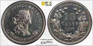 image for: 1870 Pattern Dime. Judd-843, Pollock-942. Rarity-6-. Silver. Reeded Edge. Proof-62 (PCGS).