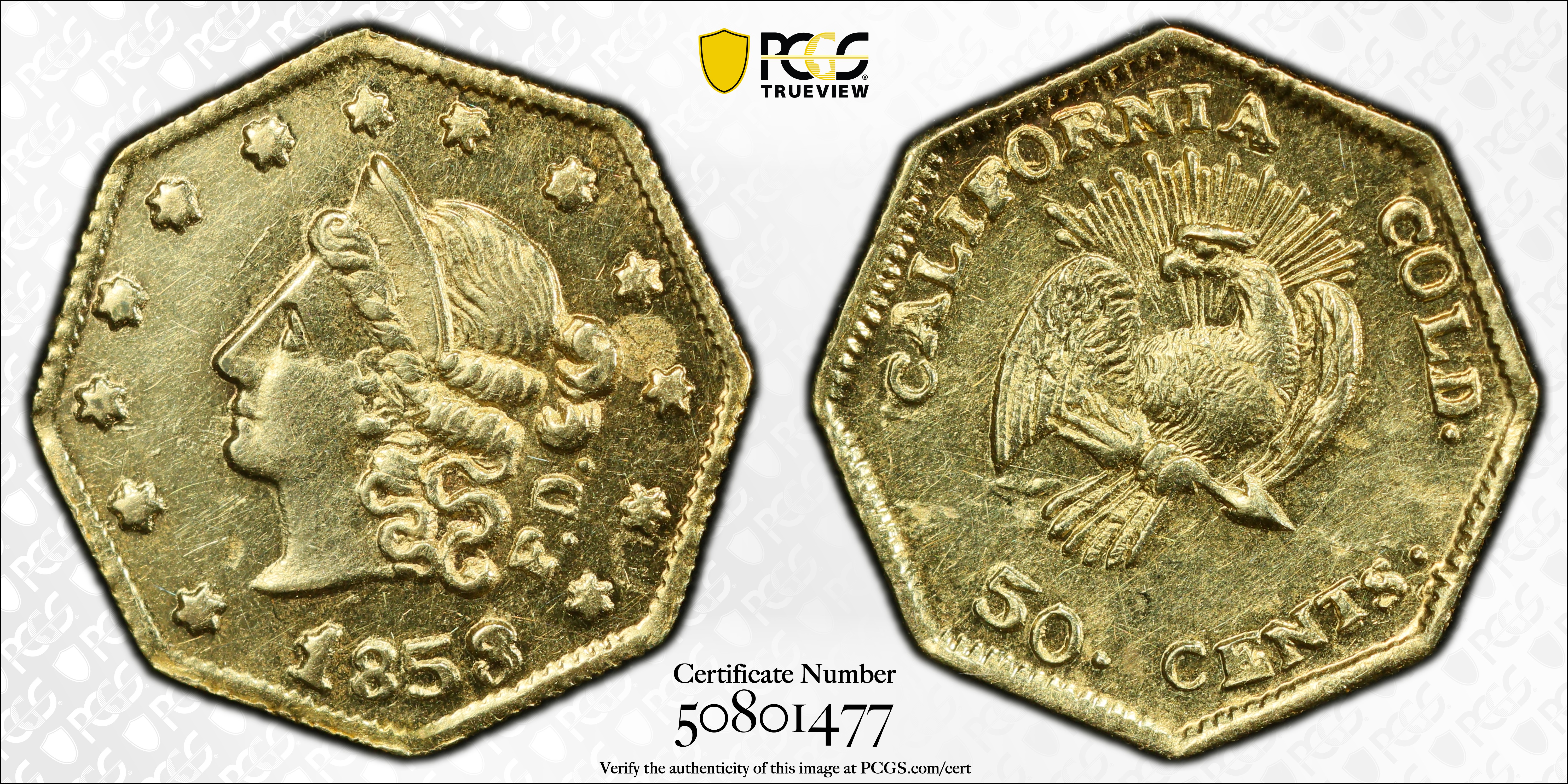 image for: 1853-FD Octagonal 50 Cents. BG-302. Rarity-4-. Liberty Head, Small Eagle or "Peacock" Reverse. AU-58 (PCGS).