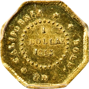 image for: 1853-FD Octagonal $1. BG-505. Rarity-4. Liberty Head. MS-62 (PCGS).