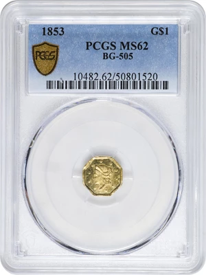 image for: 1853-FD Octagonal $1. BG-505. Rarity-4. Liberty Head. MS-62 (PCGS).