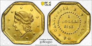image for: 1853-FD Octagonal $1. BG-505. Rarity-4. Liberty Head. MS-62 (PCGS).