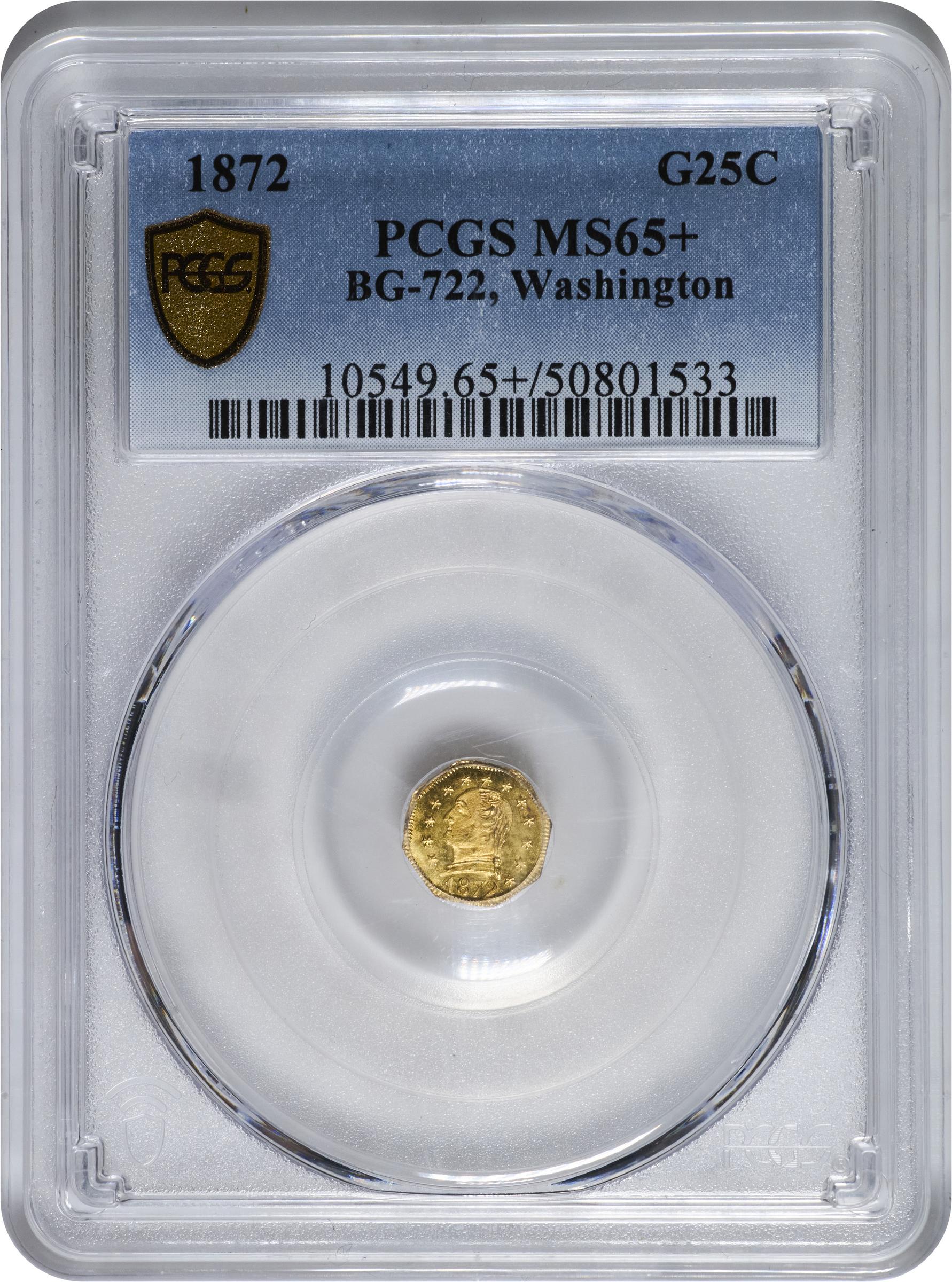 image for: 1872 Octagonal 25 Cents. BG-722, Musante GW-818, Baker-503. Rarity-4-. Washington Head. MS-65+ (PCGS).