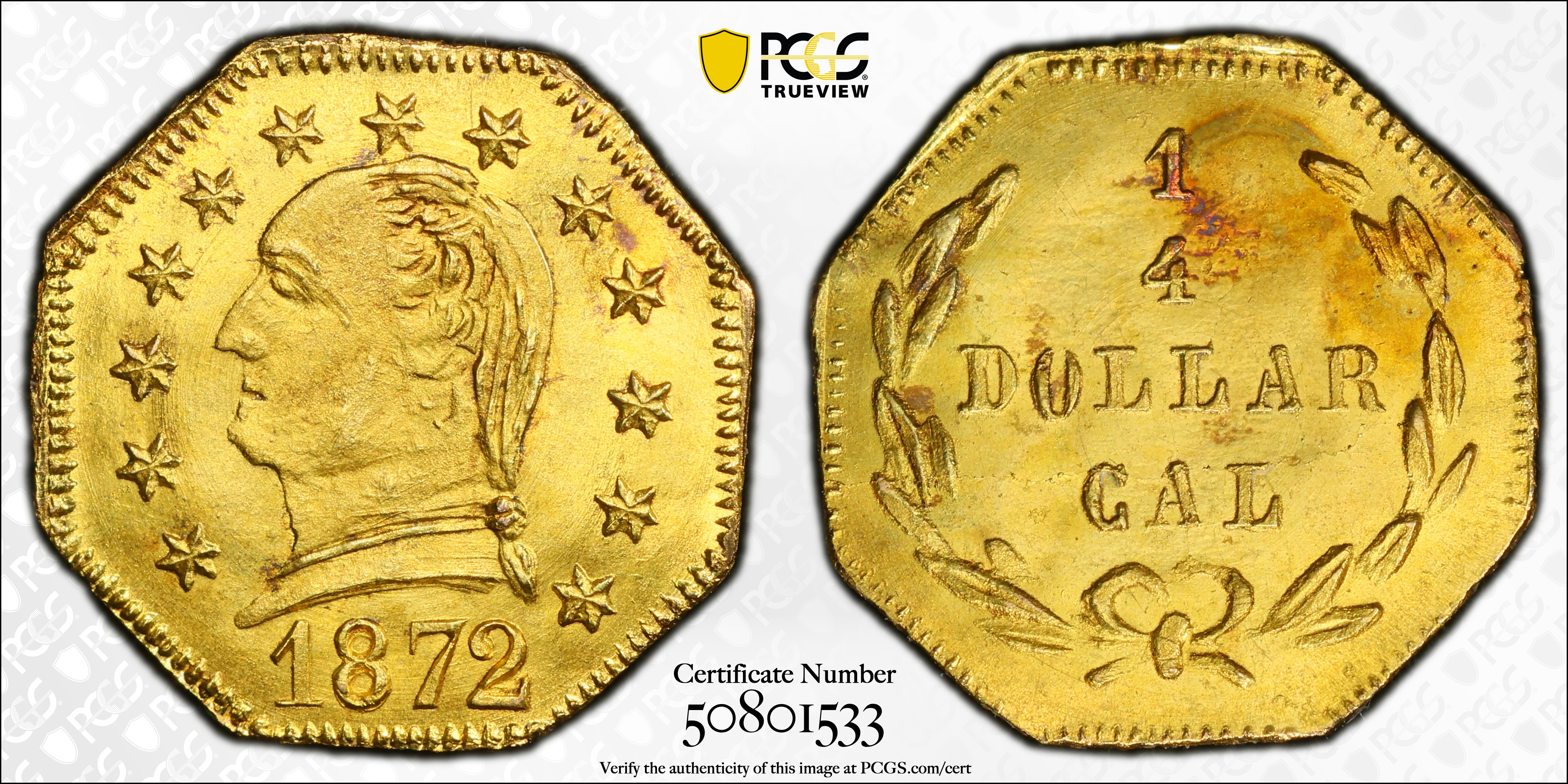 image for: 1872 Octagonal 25 Cents. BG-722, Musante GW-818, Baker-503. Rarity-4-. Washington Head. MS-65+ (PCGS).