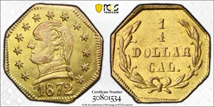 image for: 1872 Octagonal 25 Cents. BG-723, Musante GW-817, Baker-503A. Rarity-6-. Washington Head. MS-62 (PCGS).