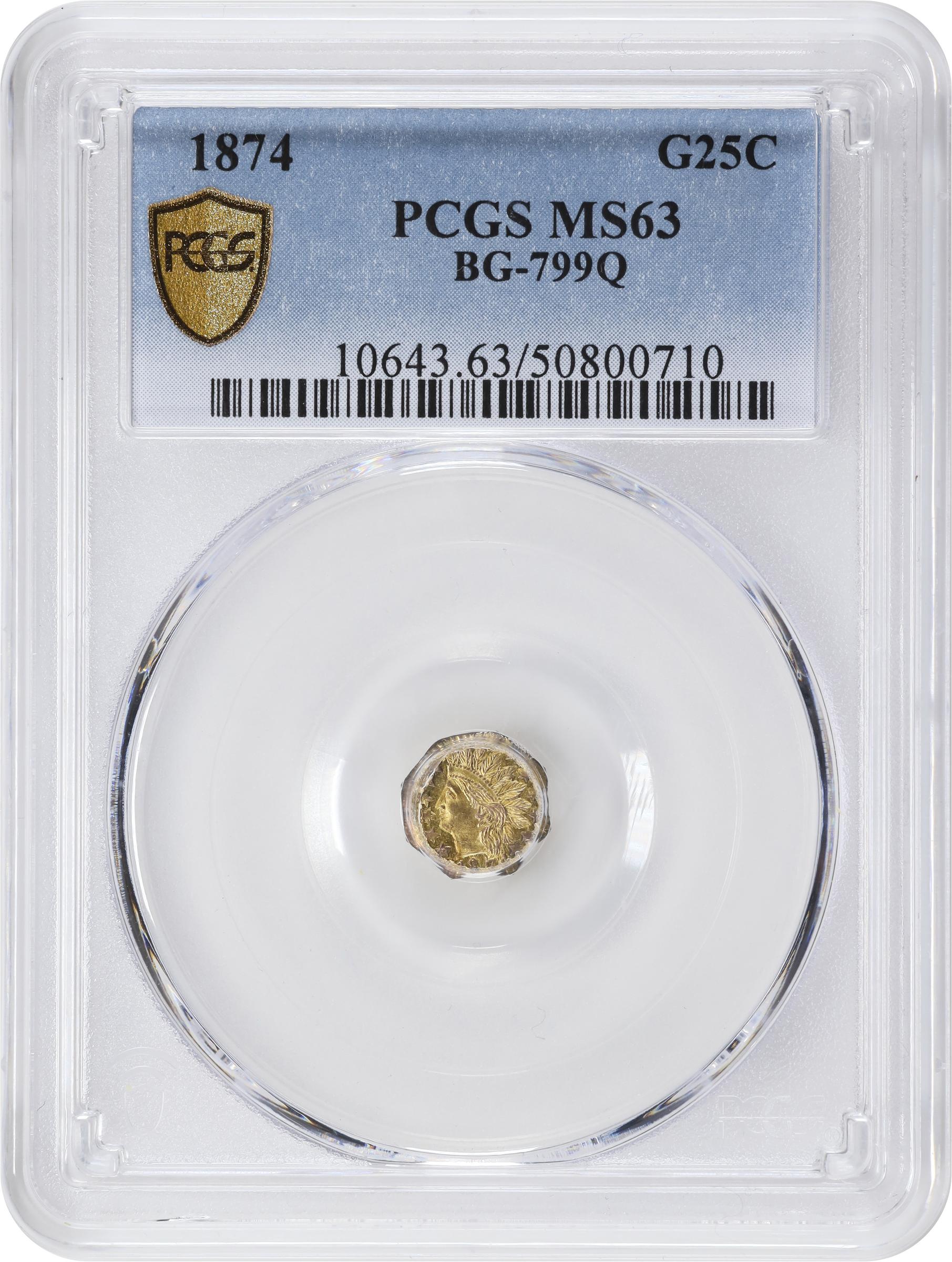 image for: 1874 Octagonal 25 Cents. BG-799Q. Rarity-5+. Indian Head. MS-63 (PCGS).