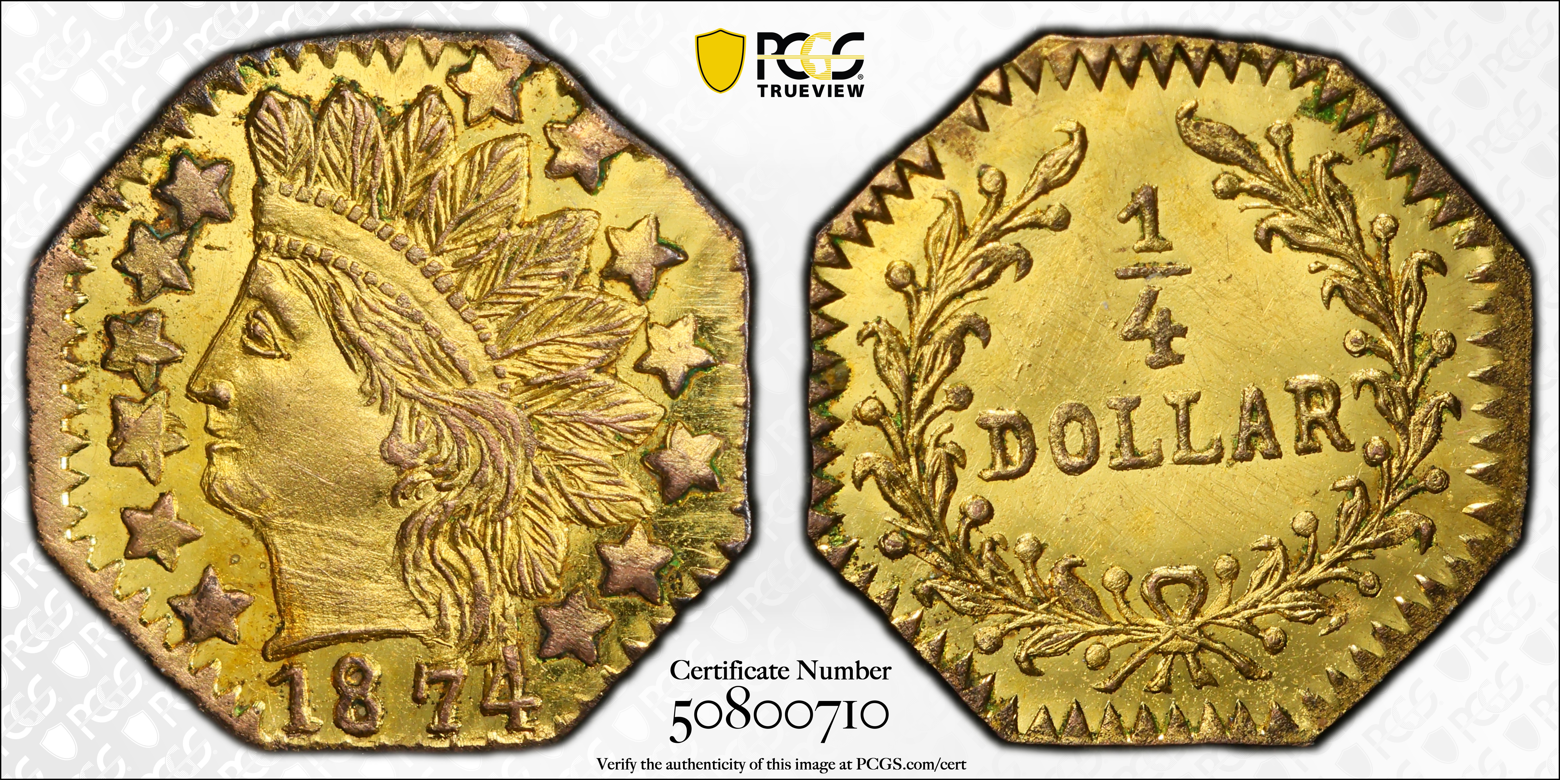 image for: 1874 Octagonal 25 Cents. BG-799Q. Rarity-5+. Indian Head. MS-63 (PCGS).