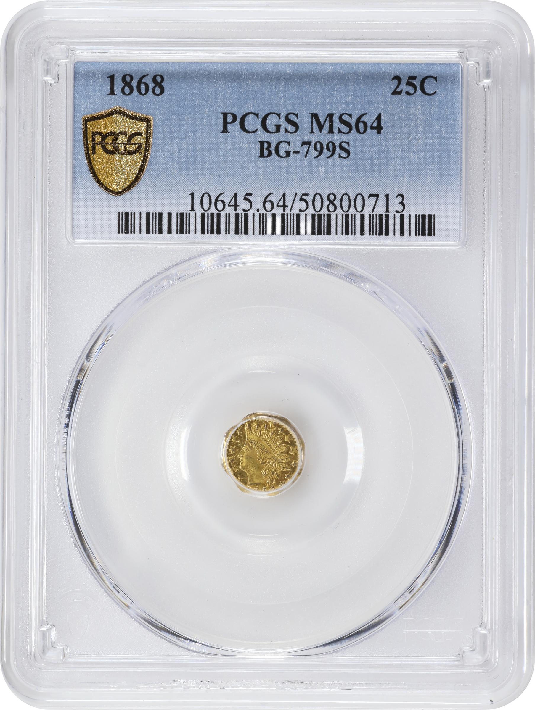 image for: 1868 Octagonal 25 Cents. BG-799S. Rarity-7+. Indian Head. MS-64 (PCGS).