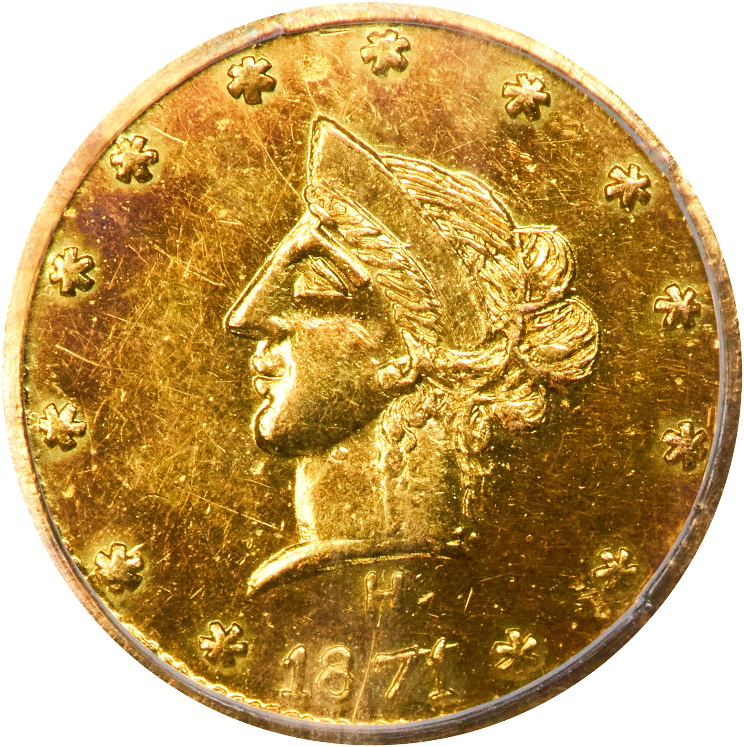 image for: 1871-H Round 50 Cents. BG-1042. Rarity-7+. Liberty Head. Unc Details--Bent (PCGS).