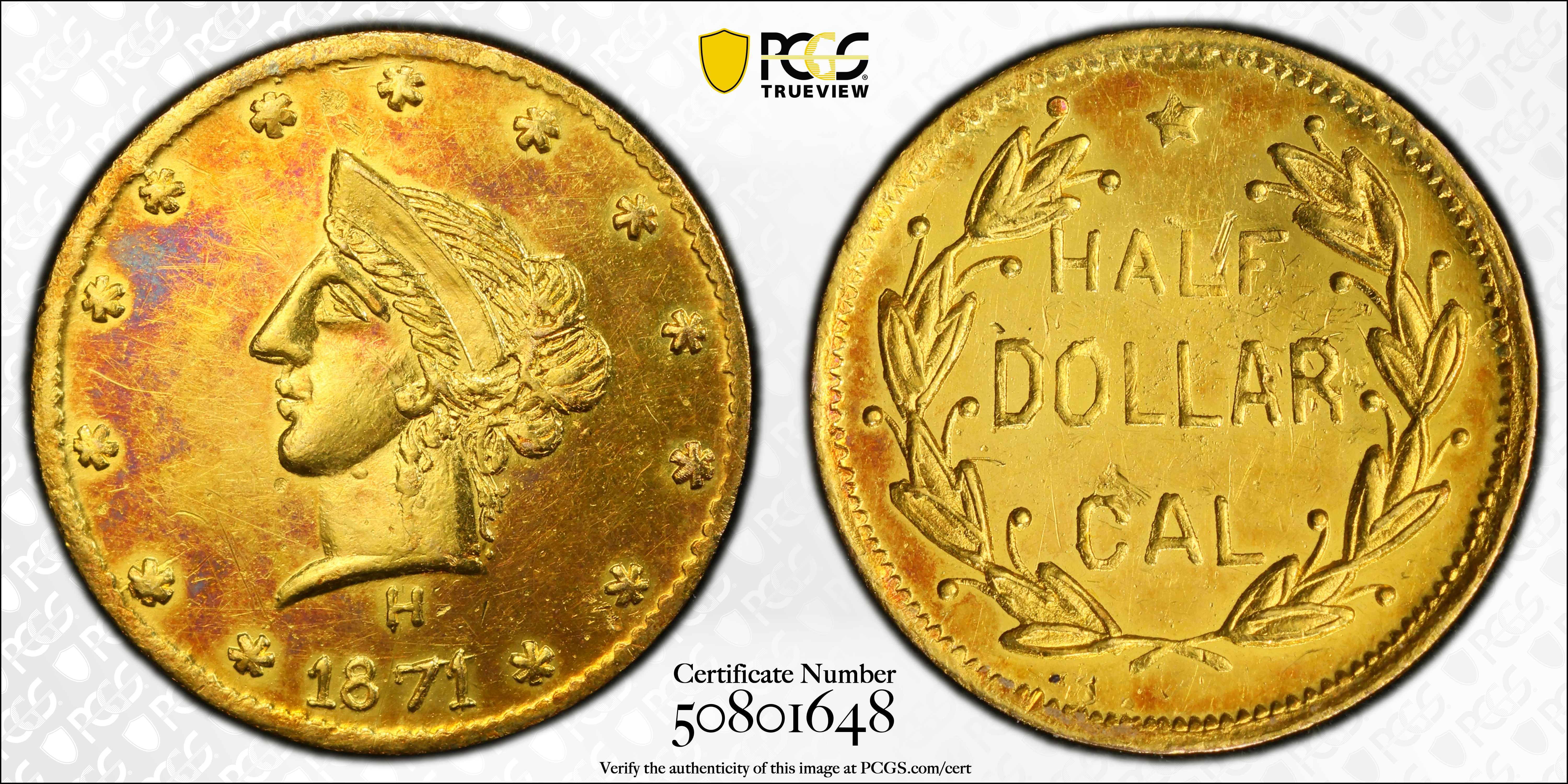 image for: 1871-H Round 50 Cents. BG-1042. Rarity-7+. Liberty Head. Unc Details--Bent (PCGS).