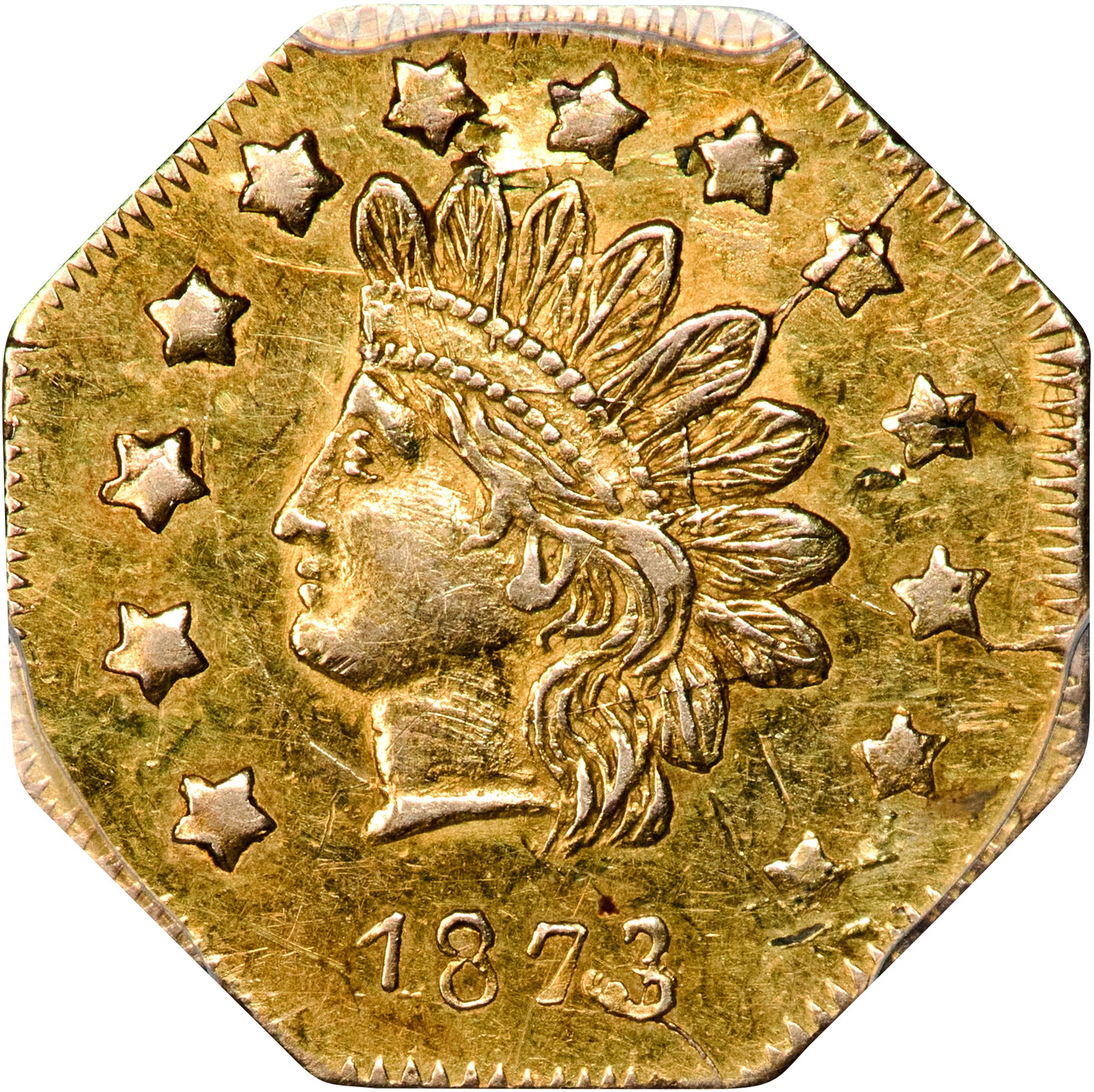 image for: 1873/2 Octagonal $1. BG-1122. Rarity-6+. Indian Head. AU-55 (PCGS).