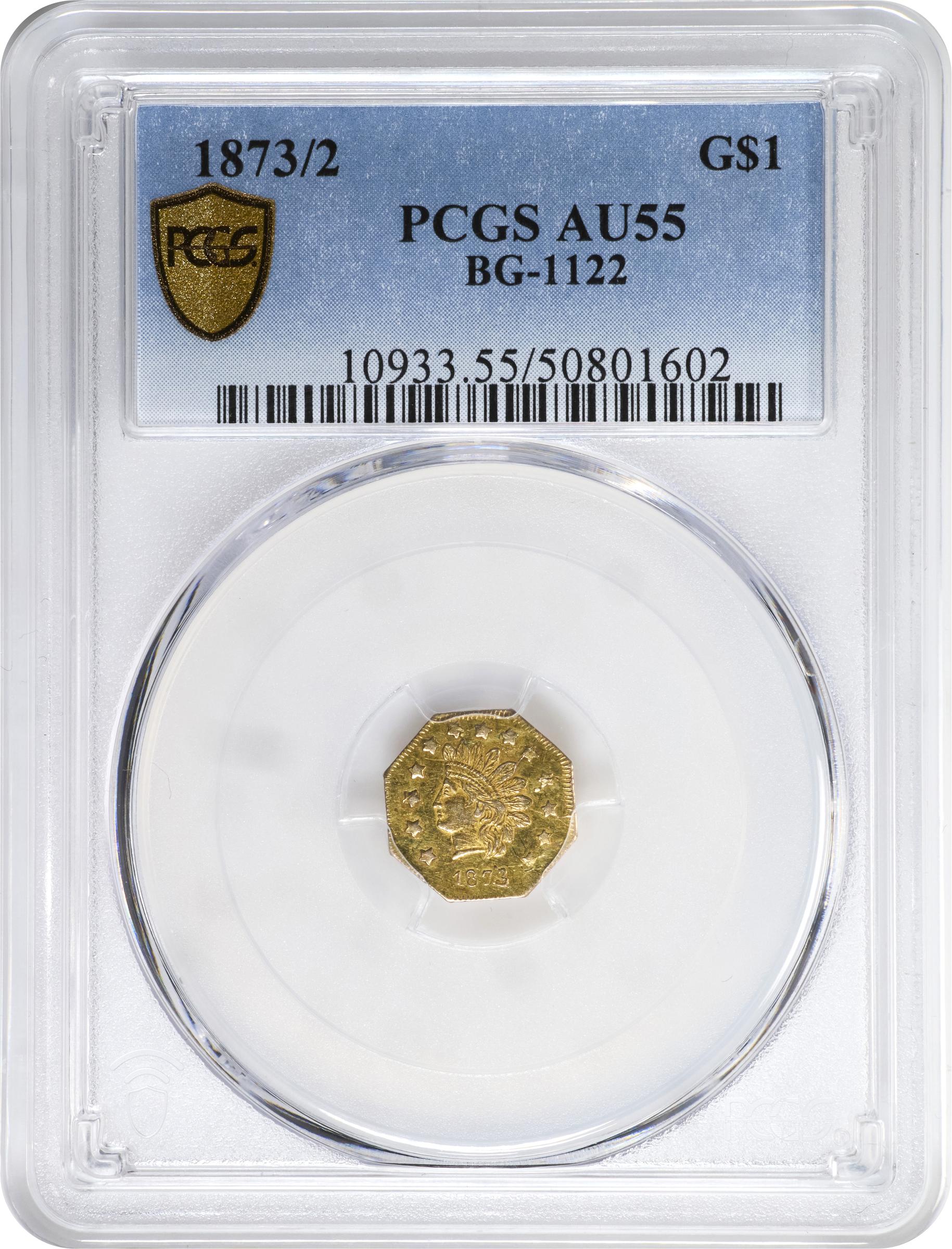 image for: 1873/2 Octagonal $1. BG-1122. Rarity-6+. Indian Head. AU-55 (PCGS).
