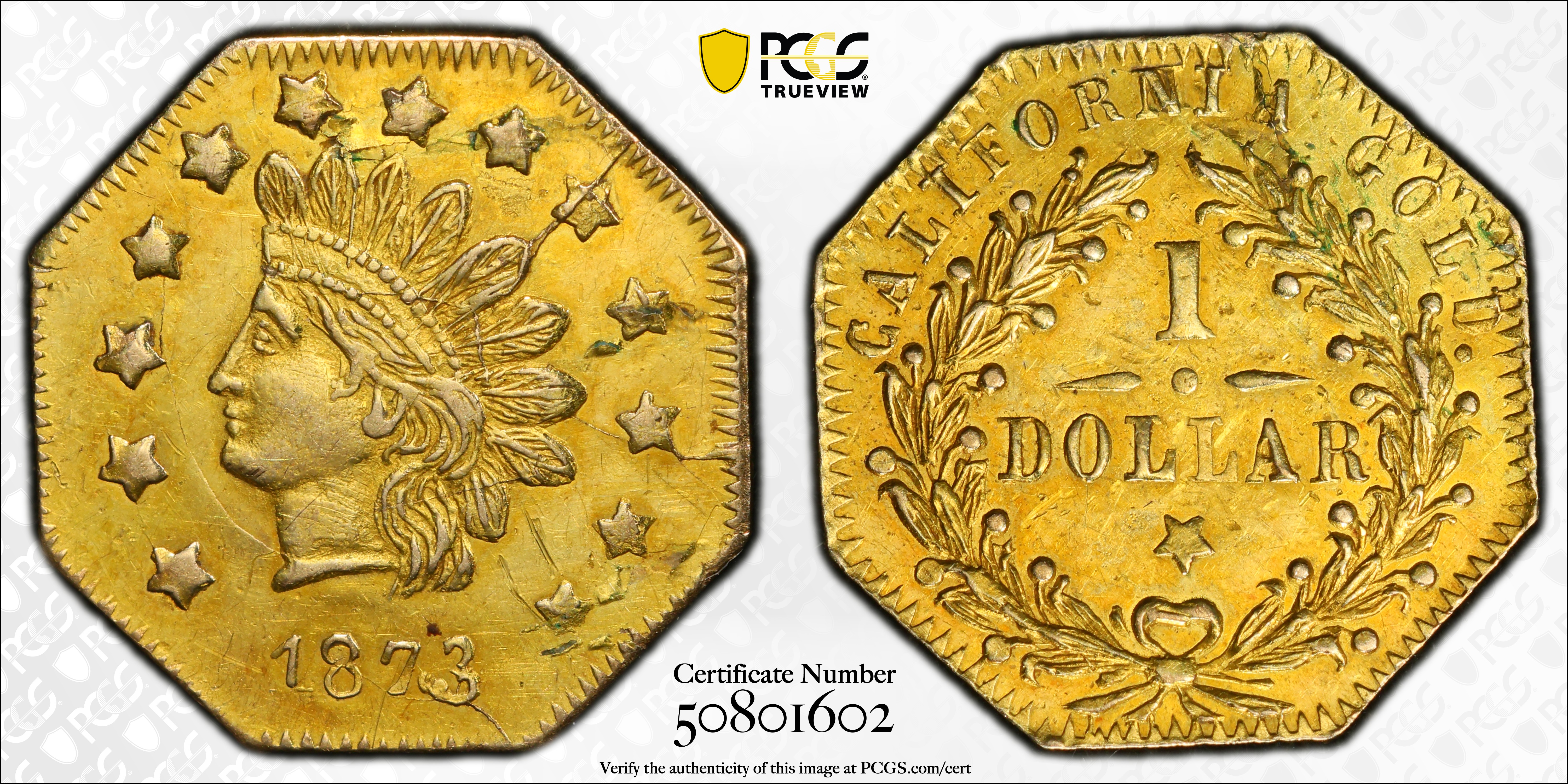 image for: 1873/2 Octagonal $1. BG-1122. Rarity-6+. Indian Head. AU-55 (PCGS).