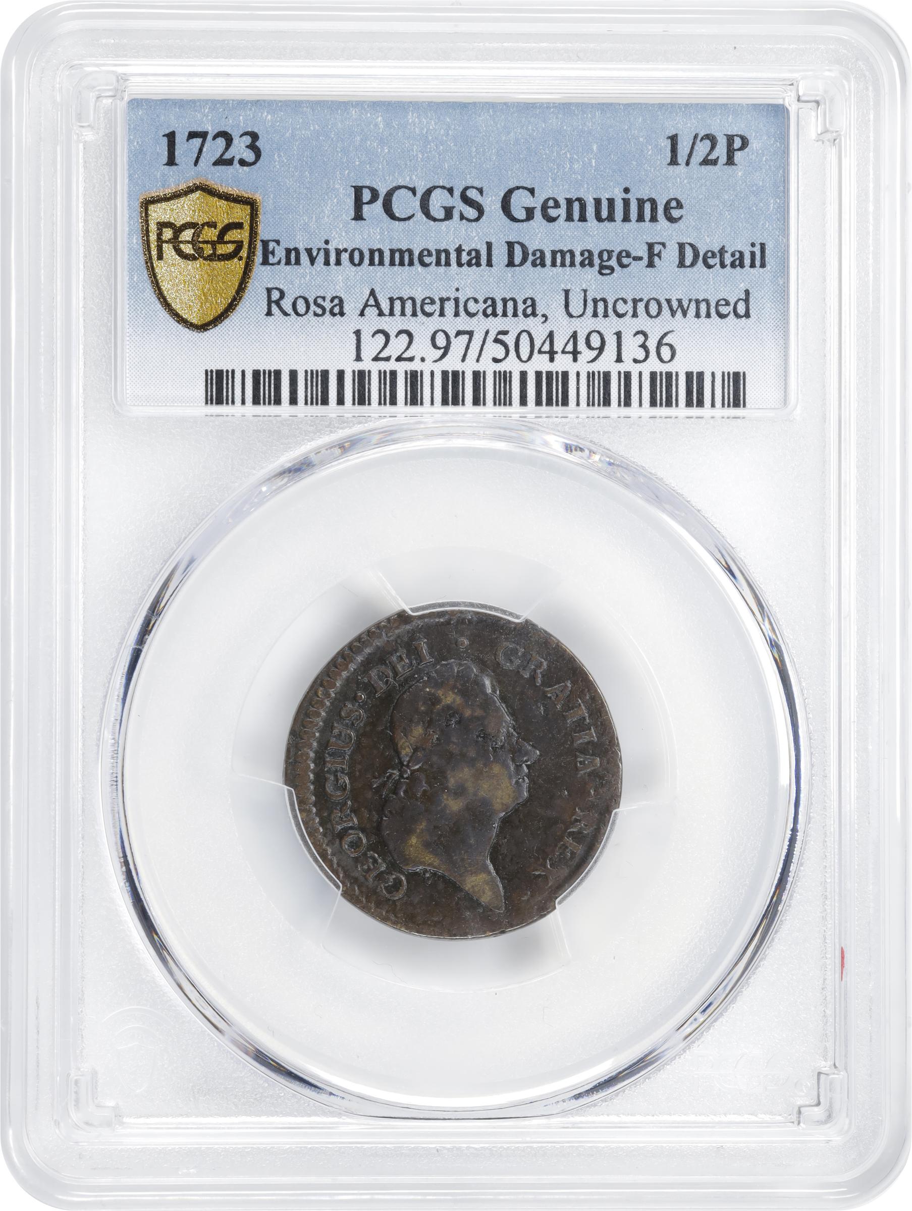image for: 1723/2 Rosa Americana Halfpenny. Martin 3.1-D.1, W-1226. Rarity-6. Uncrowned Rose. Fine Details--Environmental Damage (PCGS).