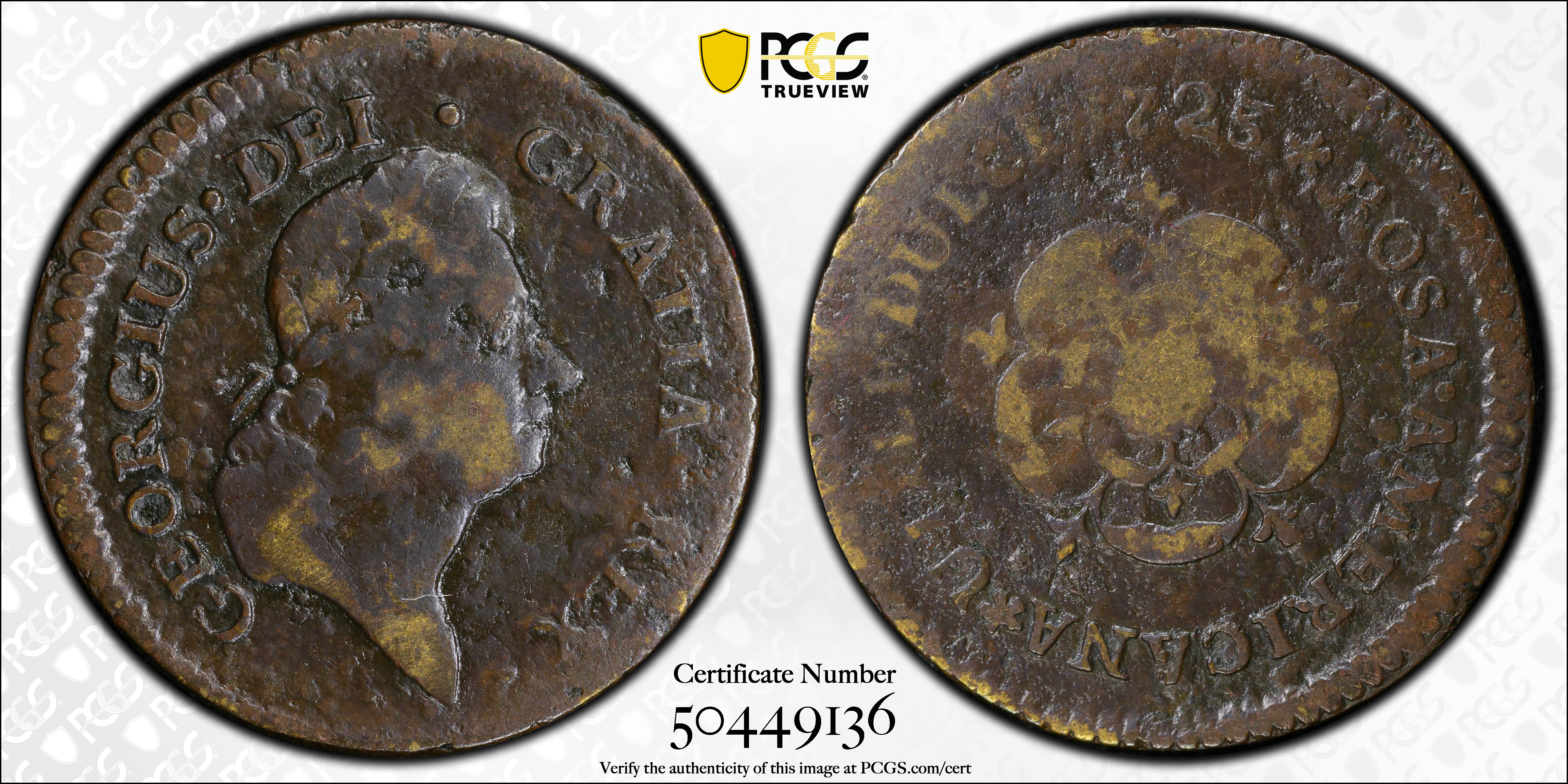 image for: 1723/2 Rosa Americana Halfpenny. Martin 3.1-D.1, W-1226. Rarity-6. Uncrowned Rose. Fine Details--Environmental Damage (PCGS).