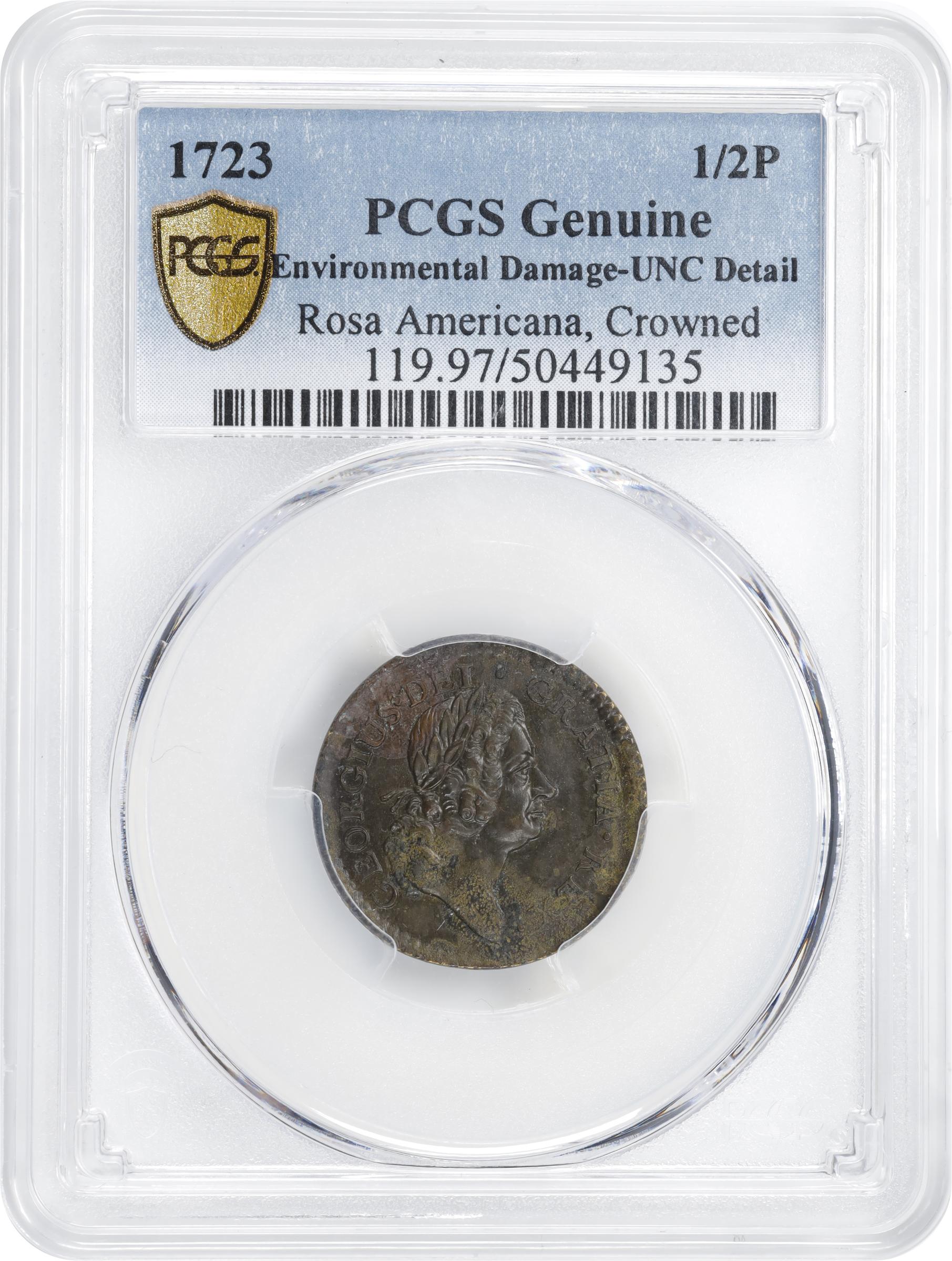 image for: 1723 Rosa Americana Halfpenny. Martin 3.7-F.1, W-1236. Rarity-4. Crowned Rose. Unc Details--Environmental Damage (PCGS).